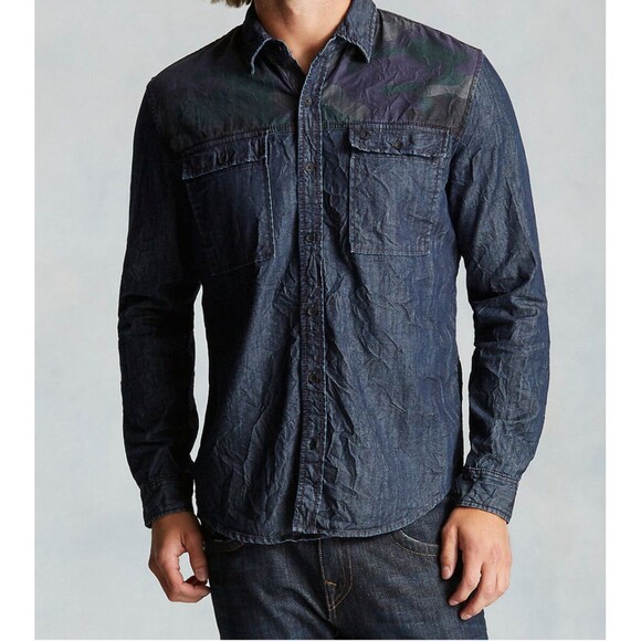 New Mens NWT True Religion Jeans Designer Denim Camo Shirt Button Down M Blue - Picture 1 of 10